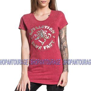 AFFLICTION Divio Patchwork AW16484 New Short Sleeve Red Scoop Neck Top For Women